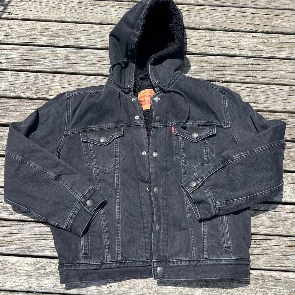 Levi's Levis Mens Denim Sherpa Lined Hooded Jean Jacket Fall Pocket,Size Medium